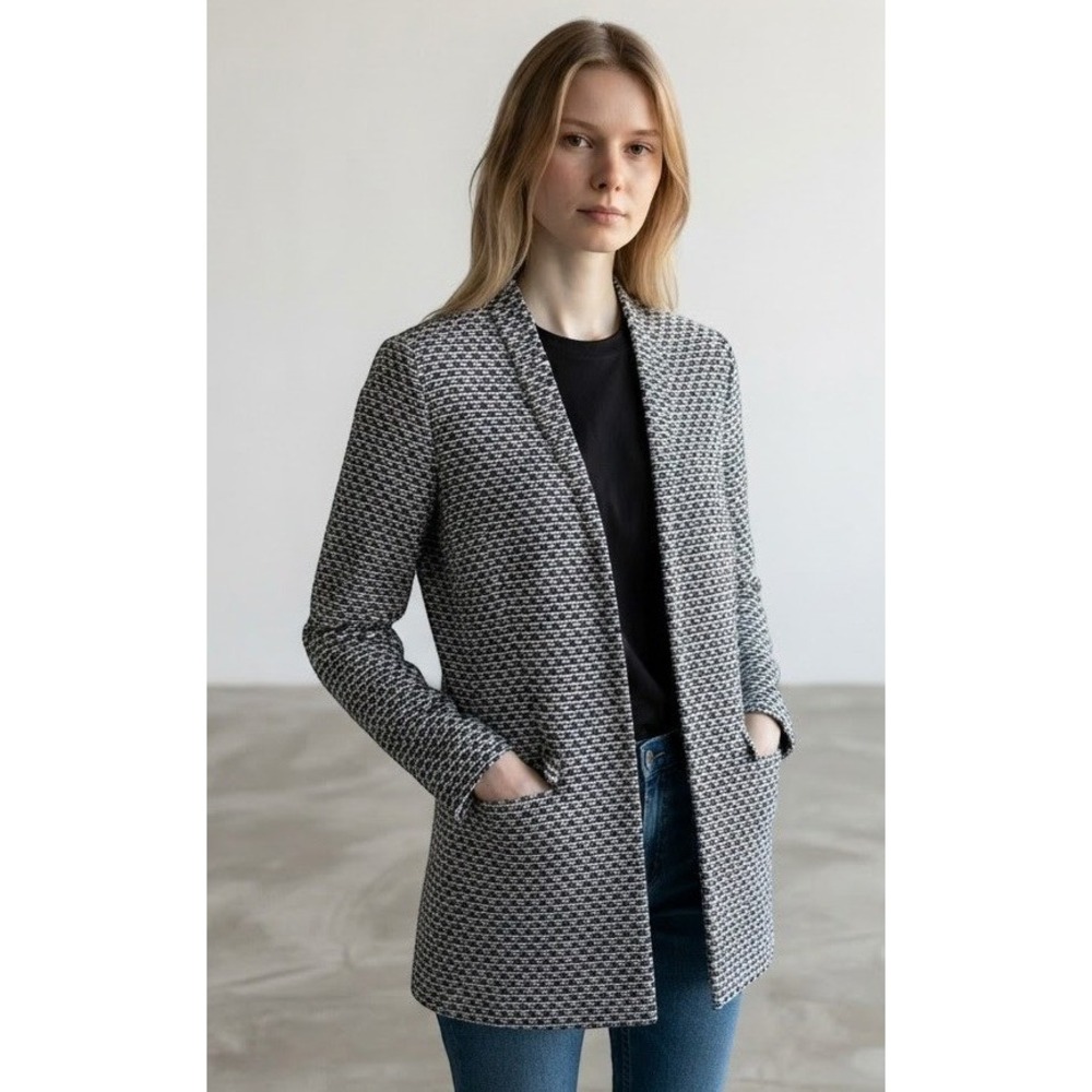 Corporate Calvin Klein Wm Blue Black White Tweed Longline Open Front Blazer Sz 6